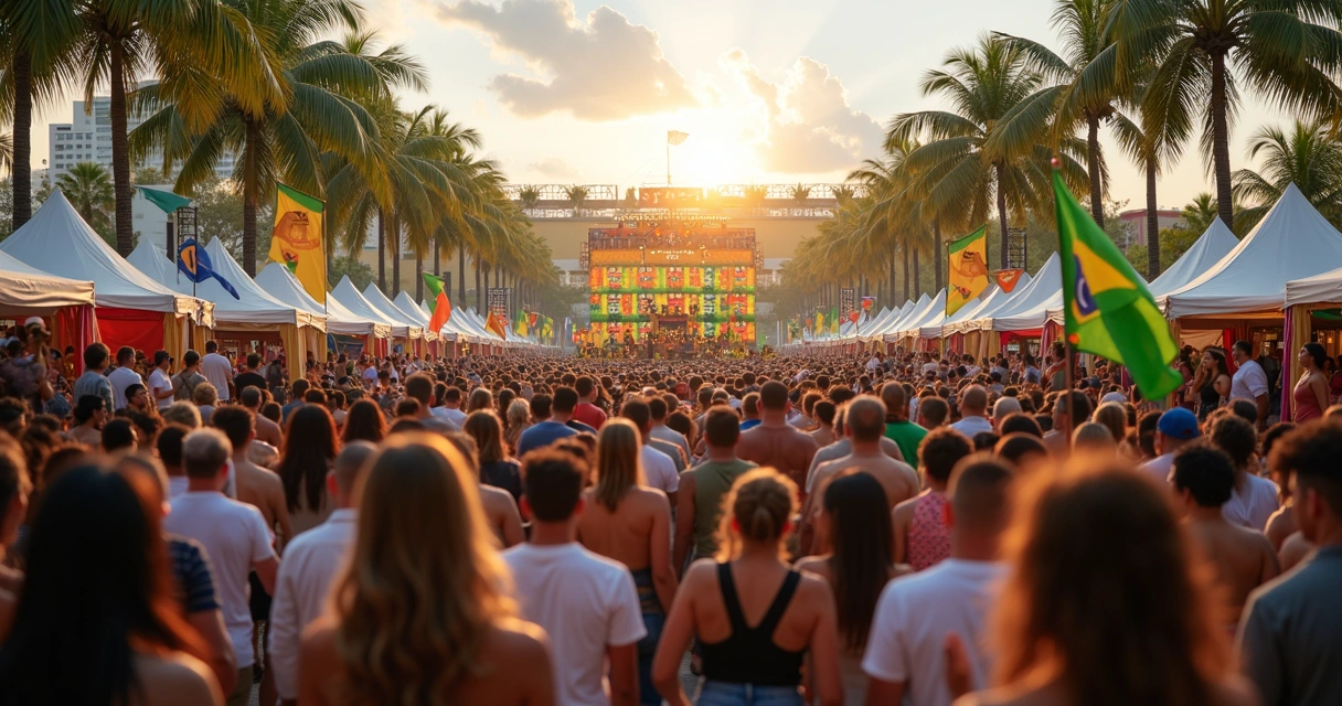 Banda de samba tocando em palco ao ar livre em festival brasileiro na Flórida 