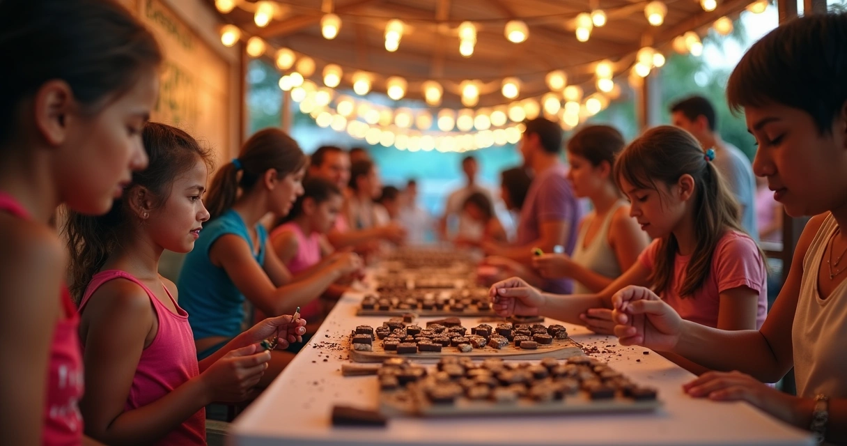 Pessoas degustando chocolate artesanal em festival 