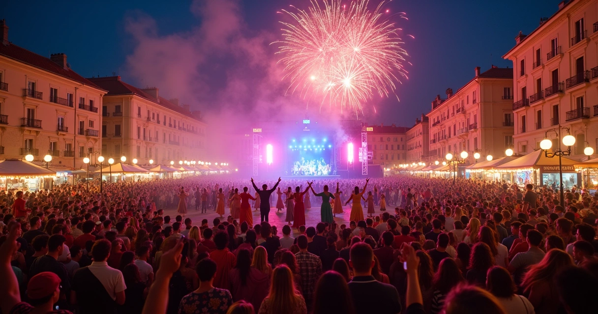 Multidão em festival cultural ao ar livre com fogos de artifício e luzes coloridas 