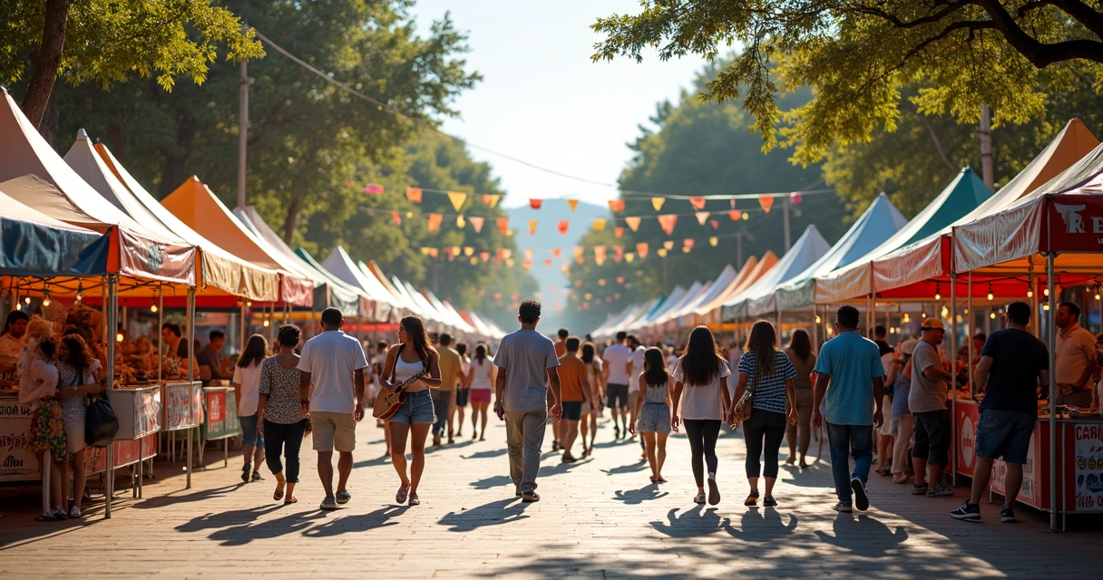 Pessoas caminhando entre tendas coloridas e barracas na feira de eventos culturais em Rio Preto.