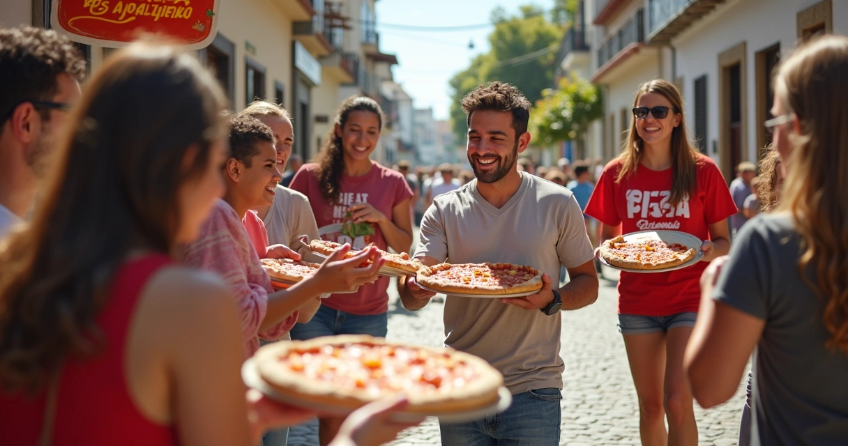 Equipe distribuindo fatias de pizza em Canoinhas com novas embalagens e moradores ao redor 