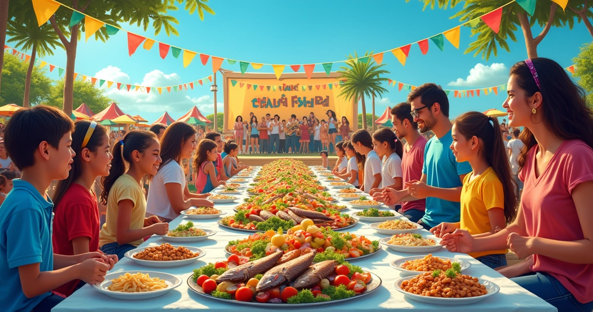 Festival do Peixe com comidas diversas, crianças brincando e músicos se apresentando em um ambiente festivo.