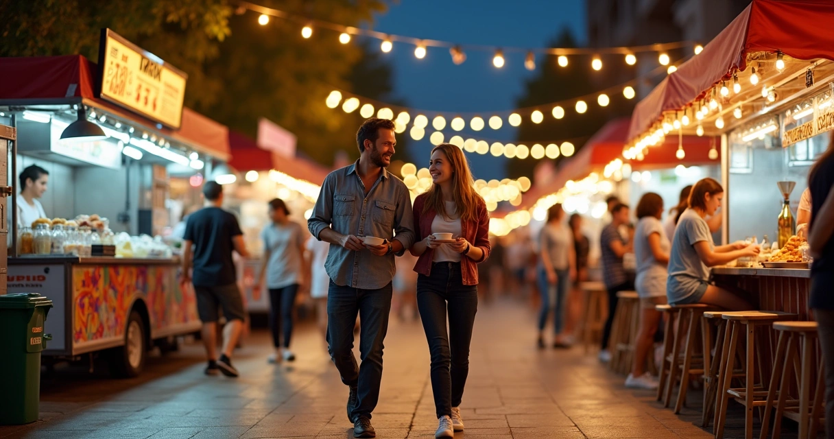 Casal caminhando em festival gastronômico de rua organizado e iluminado à noite 