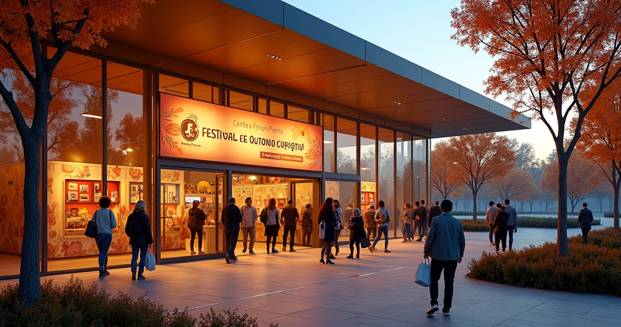 Entrada iluminada do Festival de Outono no Parque Barigui em Curitiba ao entardecer 