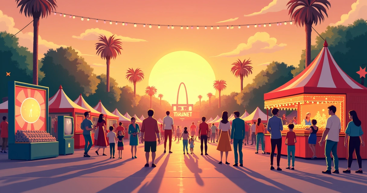 Festival retrô com pessoas fantasiadas e painéis de cinema antigo