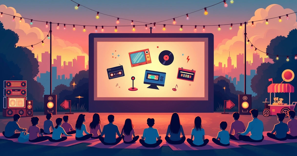Festival retrô com pessoas assistindo telão de filmes clássicos e ícones da cultura pop 