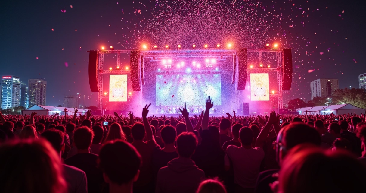 Festival noturno em Tampa com pessoas animadas 
