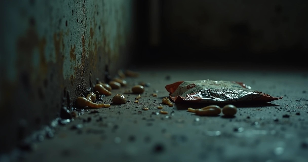 Sinais de infestação de ratos em uma casa, incluindo fezes e trilha oleosa 