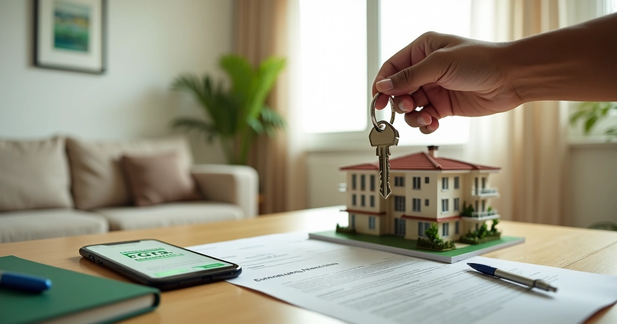 Mão segurando chave de casa sobre símbolos do FGTS e miniatura de imóvel 