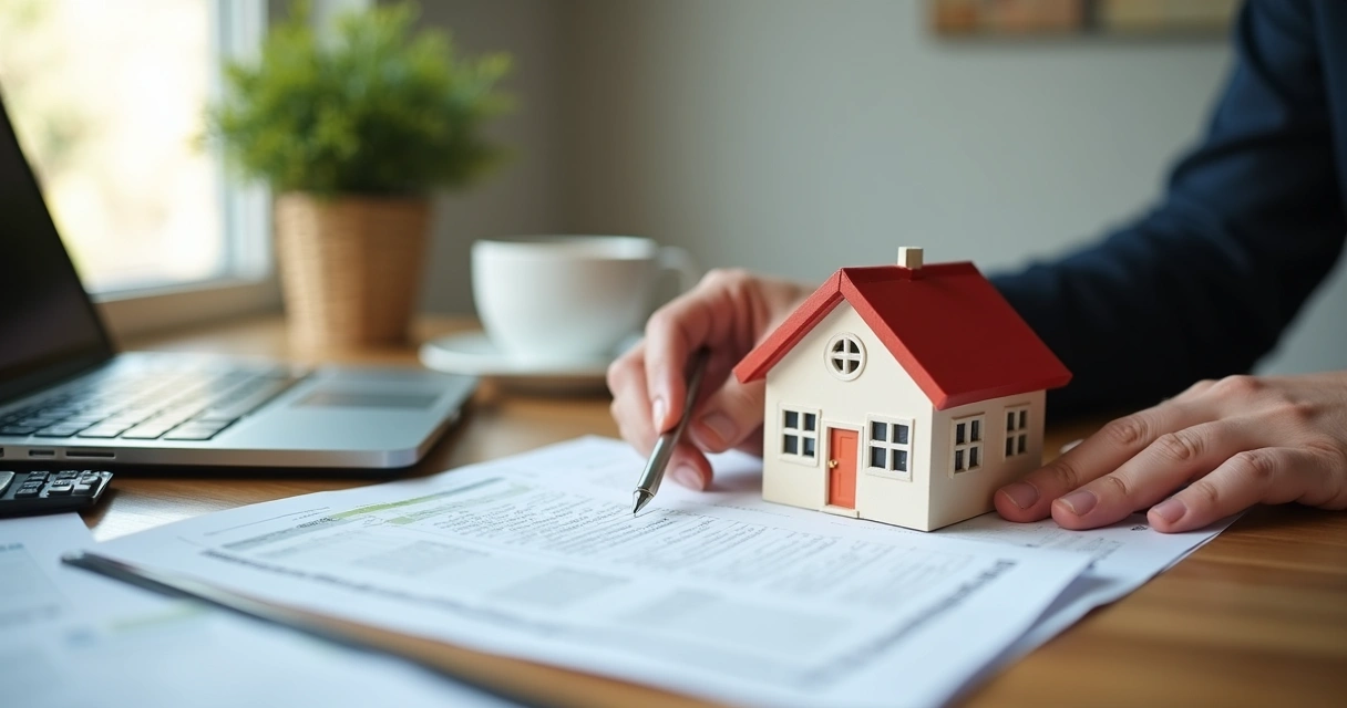 Pessoa segurando uma casa em miniatura com documentos e calculadora sobre mesa de madeira 