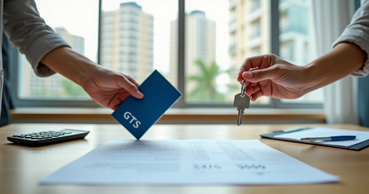 Mãos segurando chave de apartamento sobre mesa com carteira de trabalho FGTS e documentos de financiamento 