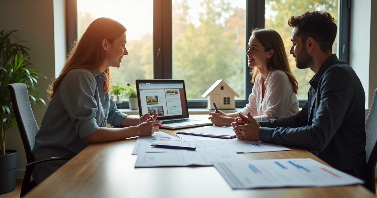 Consultor financeiro explicando uso do FGTS para compra de imóvel para casal interessado 