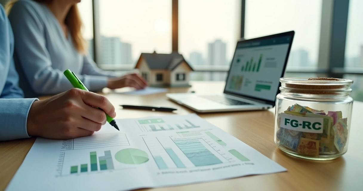 Pessoa analisando uso do FGTS para financiamento imobiliário em mesa com maquete de casa 