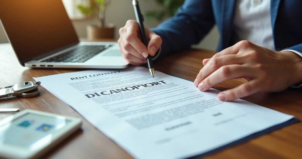 Fiador assinando contrato eletrônico em notebook, documentos ao lado 