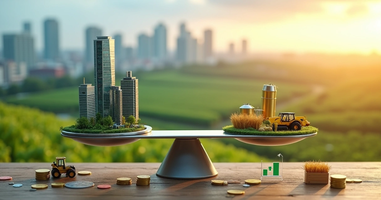 Balança metálica pesando FIIs urbanos e Fiagro rurais em cenário de campo e cidade 