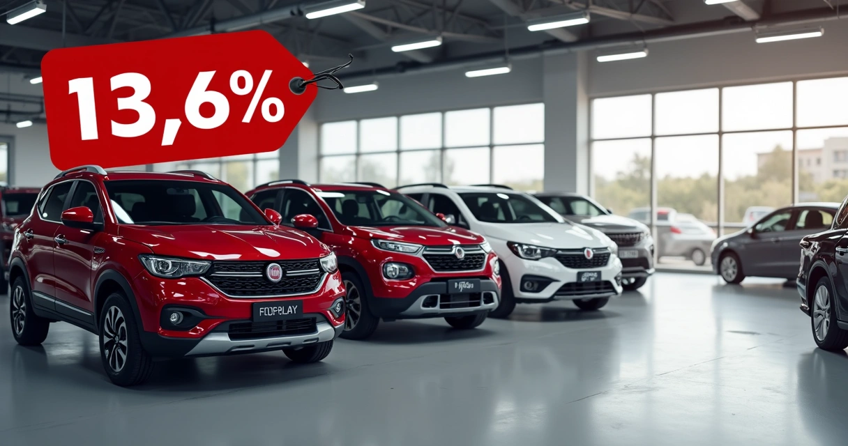 Vários carros Fiat incluindo Fastback e Mobi com etiquetas de desconto