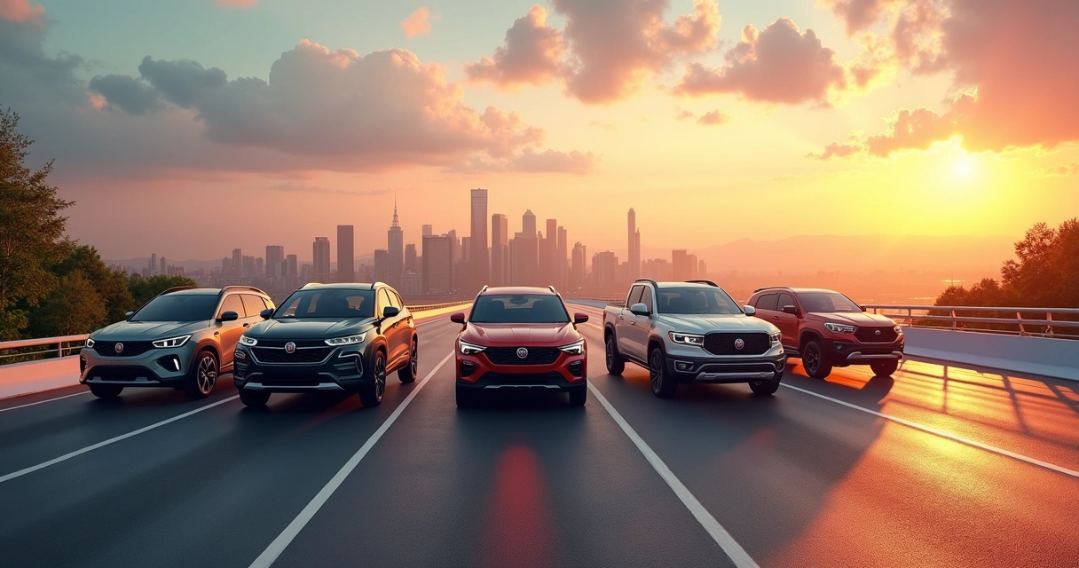 Cinco carros Fiat novos modelos 2026 a 2030 em estrada moderna com horizonte urbano ao fundo 