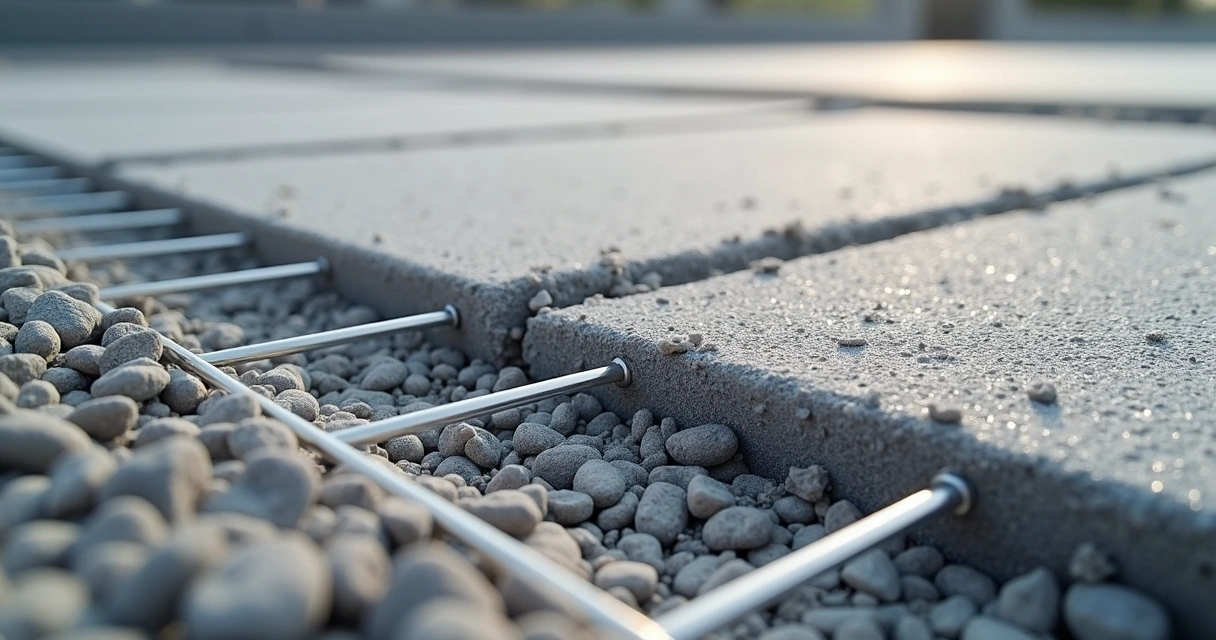 Close-up view of concrete with embedded fiber mesh fibers
