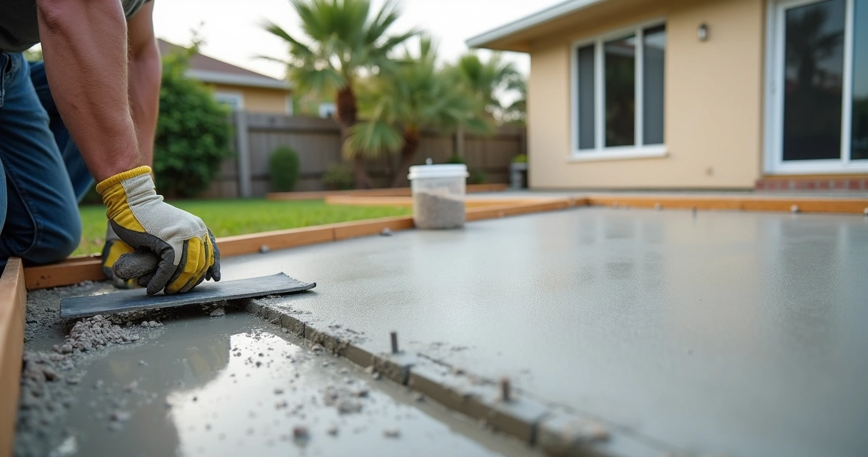 Contractor placing fiber reinforced concrete on a Florida backyard patio 
