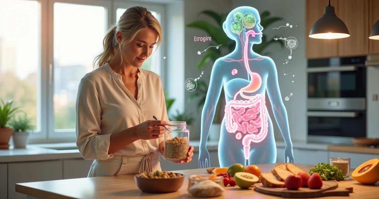 Mulher segurando taça com fibras ao lado de ilustrações de intestino e hormônios 