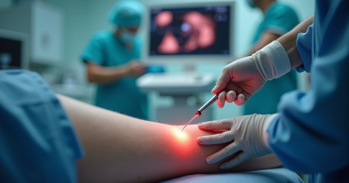 Fibra de laser sendo inserida em veia na perna, procedimento moderno, paciente deitado em sala clínica