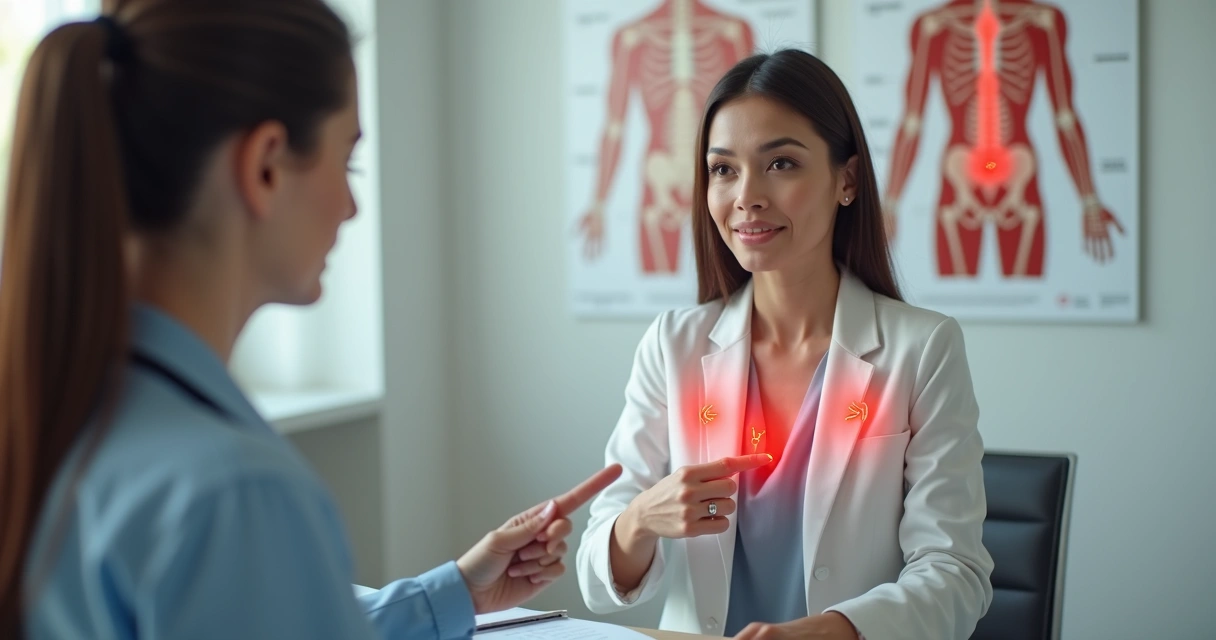 Paciente representando pontos dolorosos de fibromialgia em consulta médica 