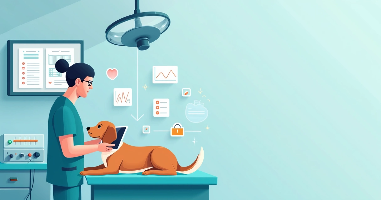 Veterinário usando ficha de anestesia digital em tablet ao lado de cão em mesa cirúrgica 