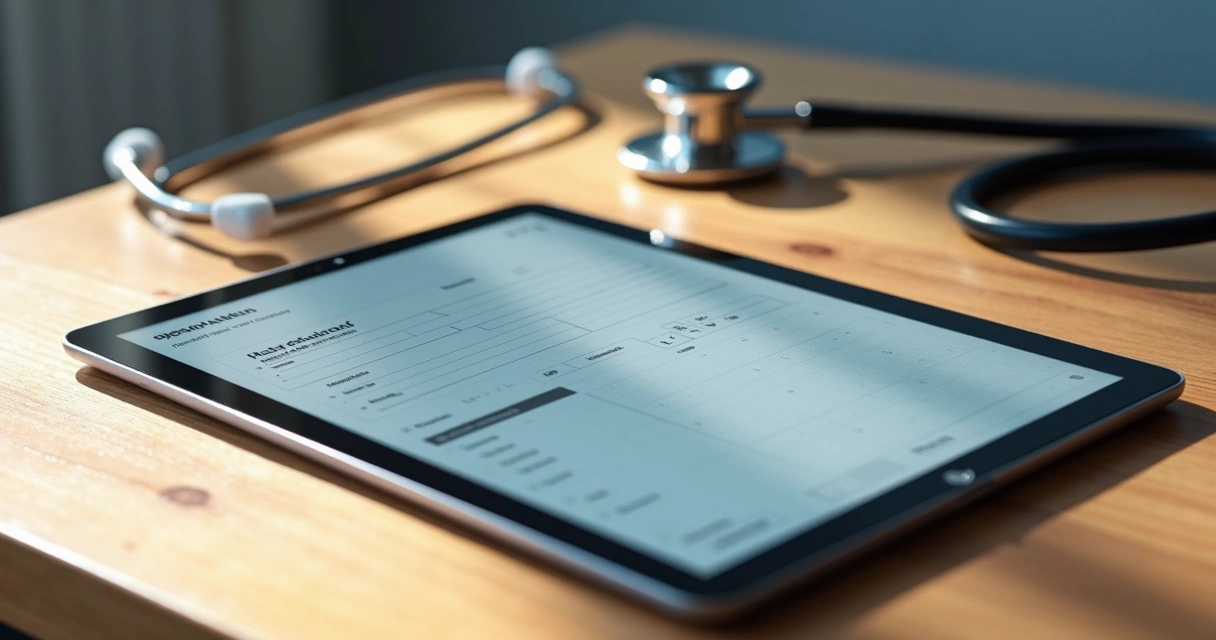 Tablet com ficha anestésica digital aberta em aplicativo veterinário, ao lado de cânula e estetoscópio 