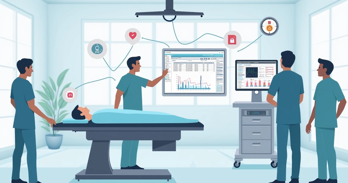 Equipe médica usando ficha anestésica digital integrada em centro cirúrgico 