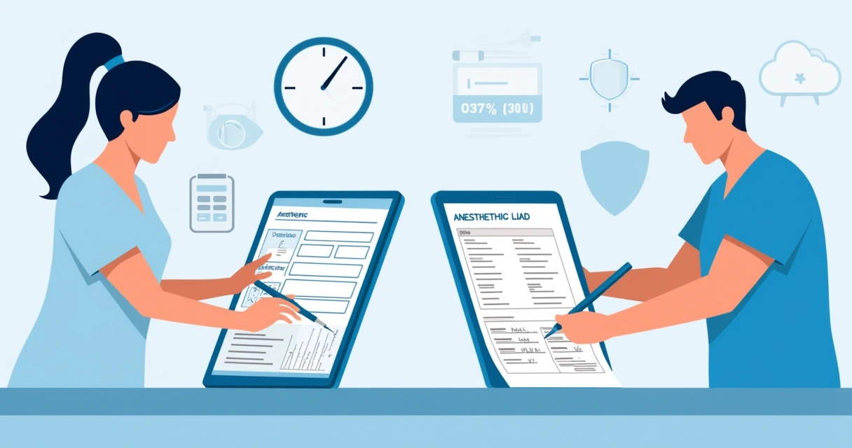 Ilustração corporativa plana mostrando comparação entre ficha anestésica digital em tablet e ficha anestésica em papel sobre mesa de veterinário 