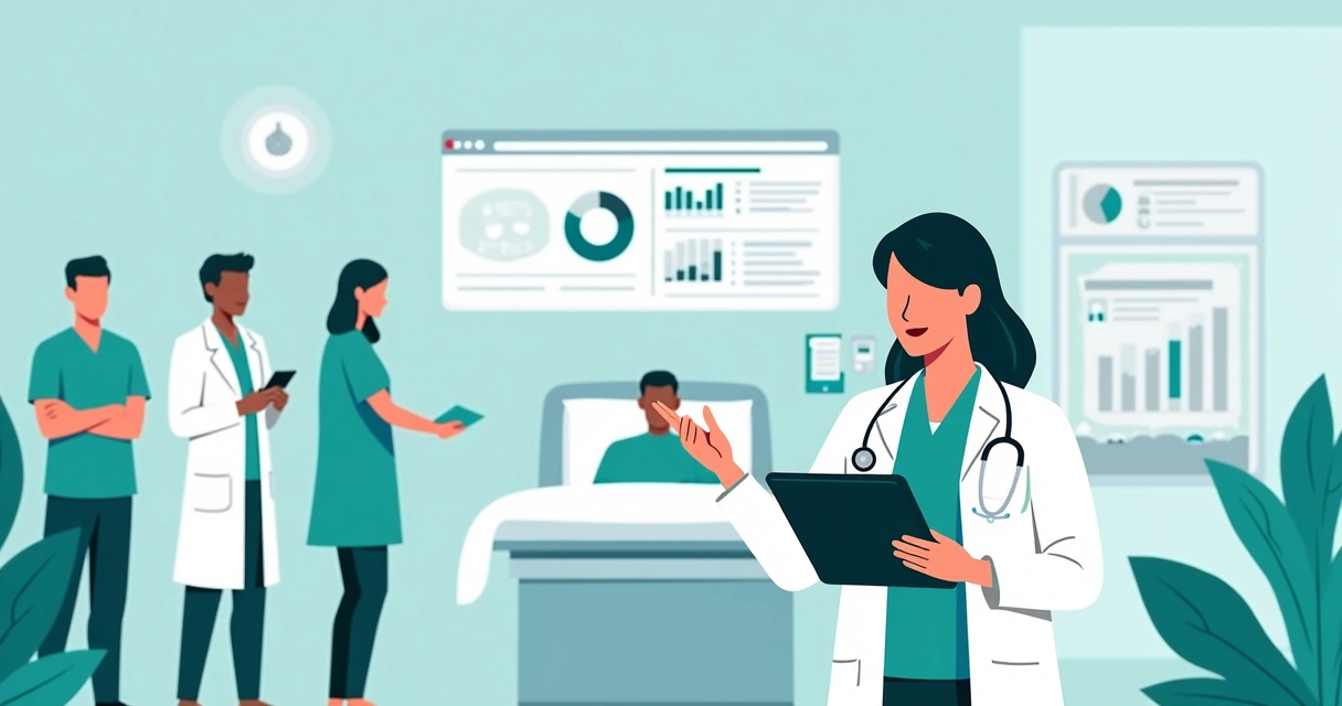 Ilustração corporativa plana mostrando um anestesista usando tablet com ficha anestésica digital, tablet exibindo gráficos e dados padronizados, ambiente clínico moderno com médicos e enfermeiros ao f