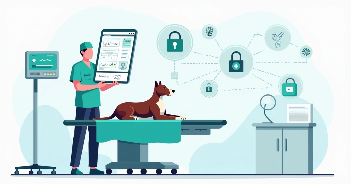 Ilustração de anestesista usando ficha anestésica digital em tablet com cadeado de segurança e ícones de LGPD 