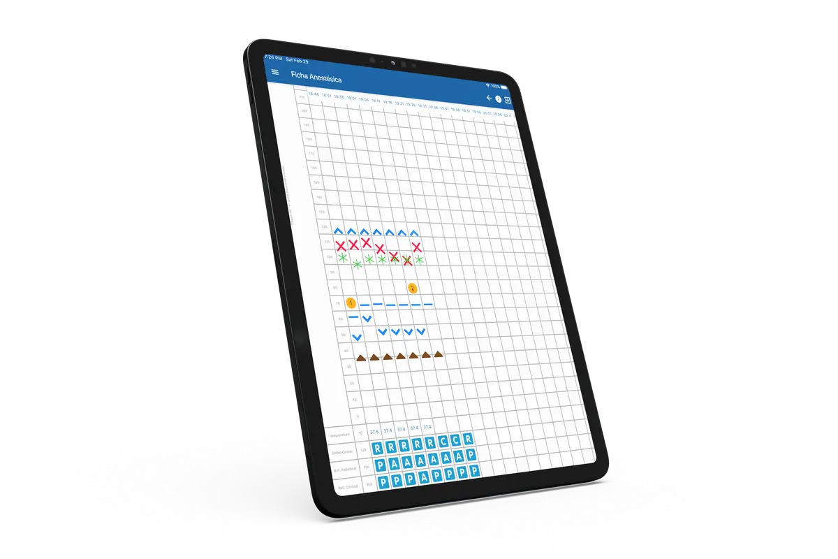 Tablet mostrando ficha anestésica digital com gráficos e ícones coloridos