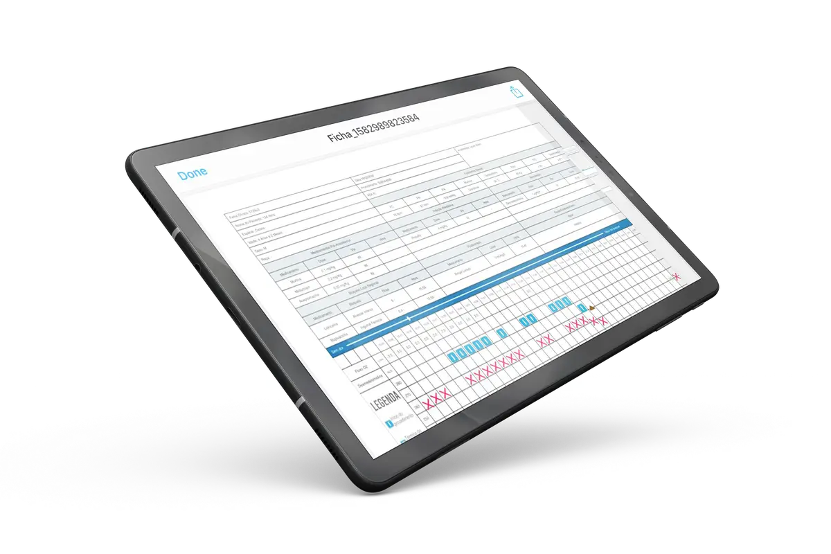Tablet exibindo ficha anestésica digital com tabelas e registros coloridos