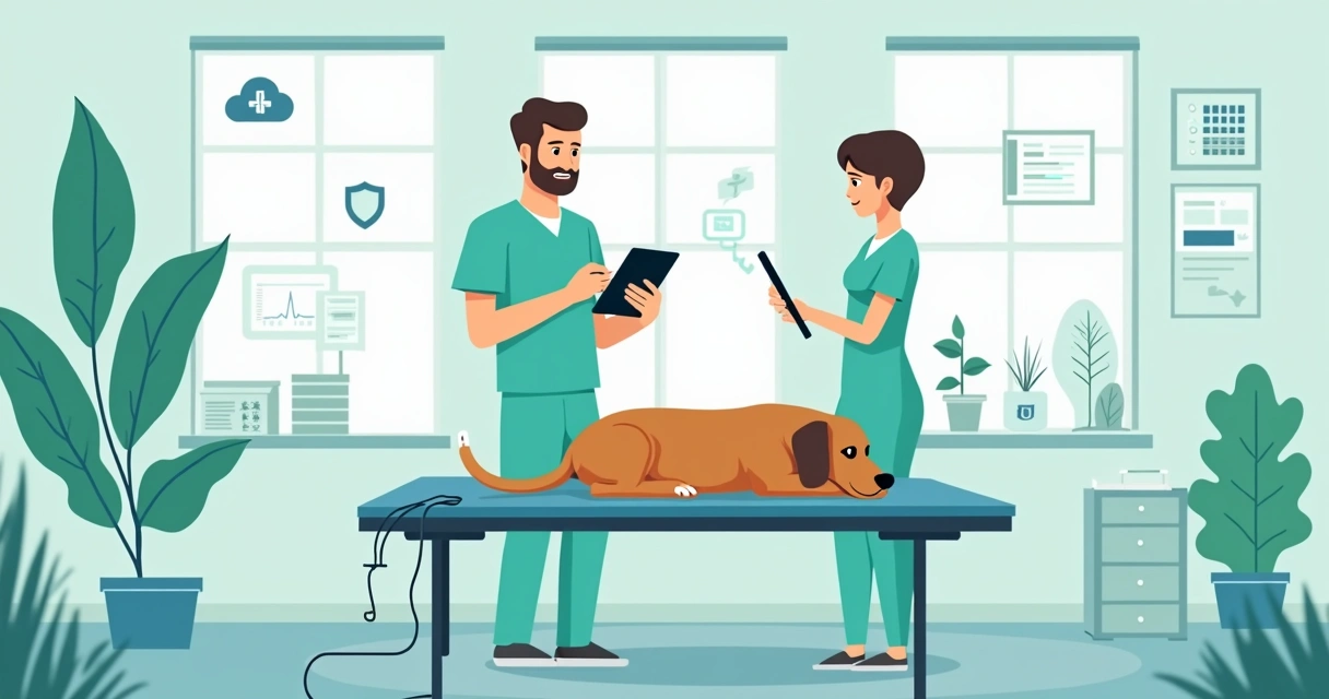 Veterinário preenchendo ficha anestésica veterinária digital em tablet ao lado de cão sedado 