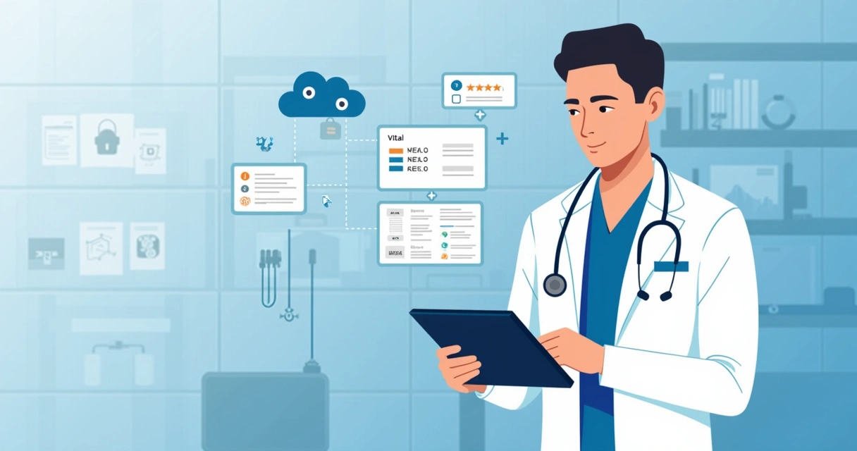 Ilustração corporativa com veterinário usando tablet para preencher ficha anestésica digital, elementos de interface e armazenamento em nuvem 