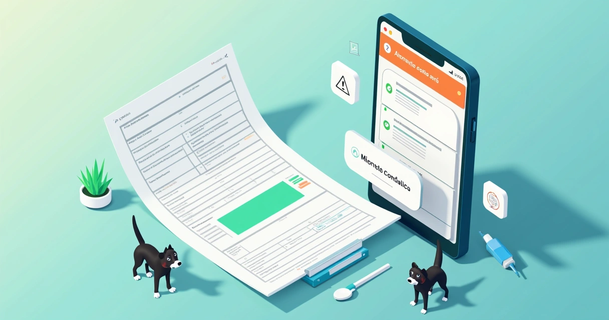 Ilustração de ficha anestésica veterinária com checklist de itens obrigatórios e símbolo de animal 