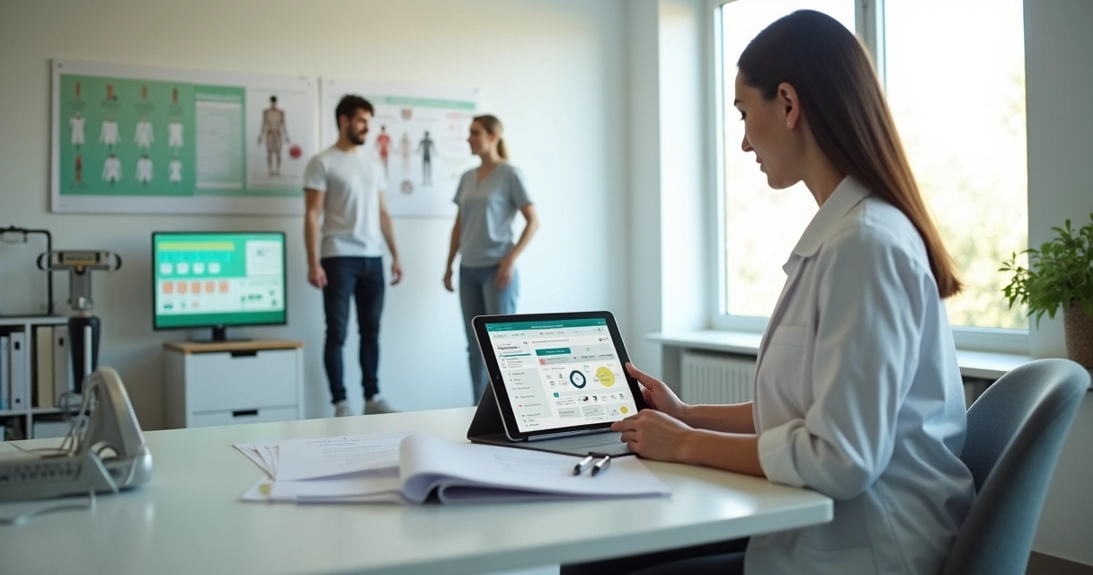 Nutricionista analisando ficha de avaliação nutricional em tablet ao lado de paciente na balança 