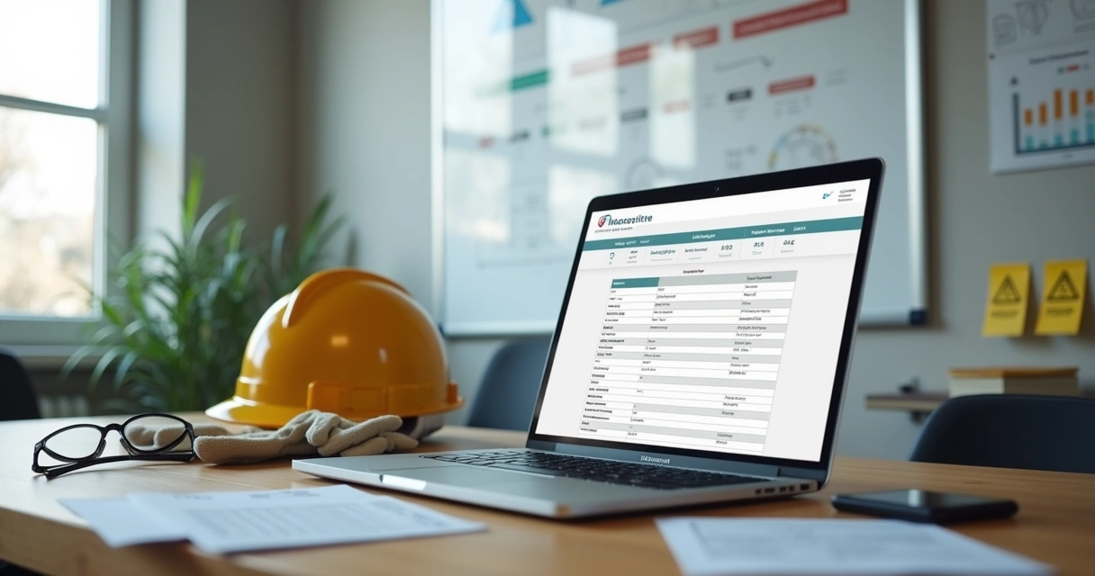 Técnico de segurança preenchendo ficha de EPI digital em notebook com capacete e luvas na mesa 