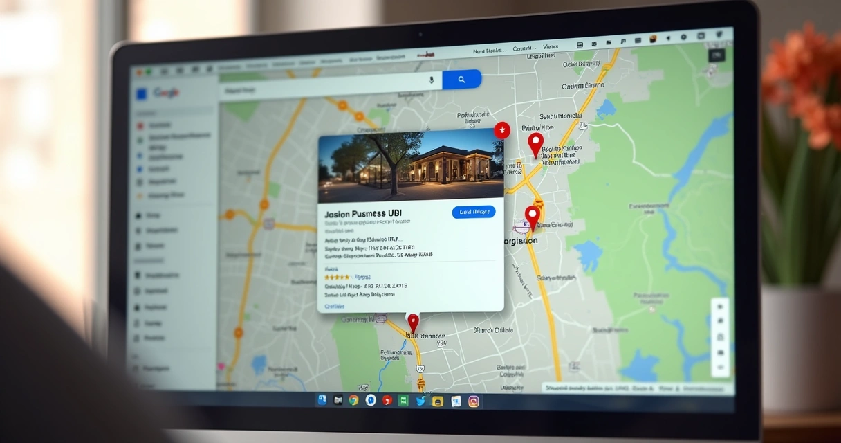 Ficha de empresa local destacada no Google Maps com endereço e avaliações visíveis 