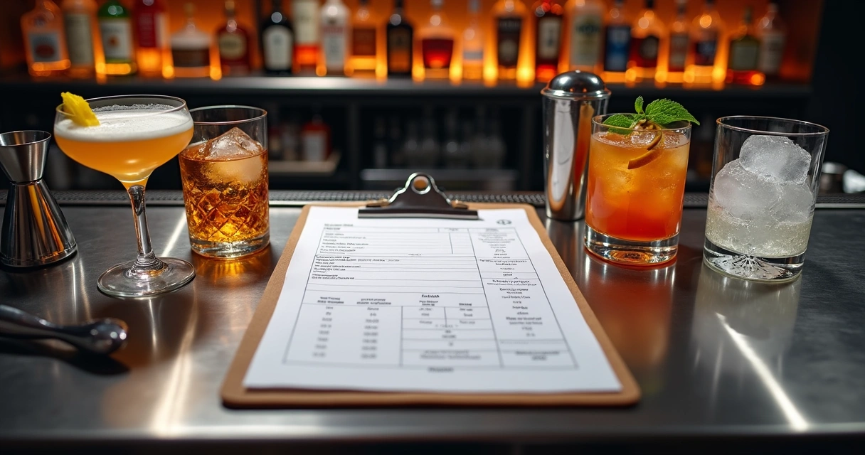 Balcão de bar com ficha técnica de drinks ao lado de coquetéis montados 