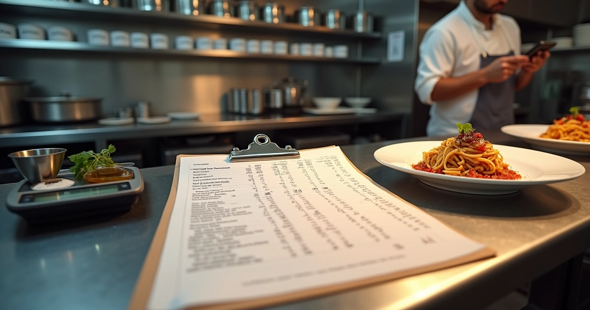 Banho de trabalho com ficha técnica impressa ao lado de prato pronto em cozinha profissional 