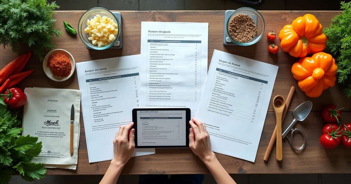 Ficha técnica de receitas ao lado de ingredientes na bancada de uma cozinha de restaurante
