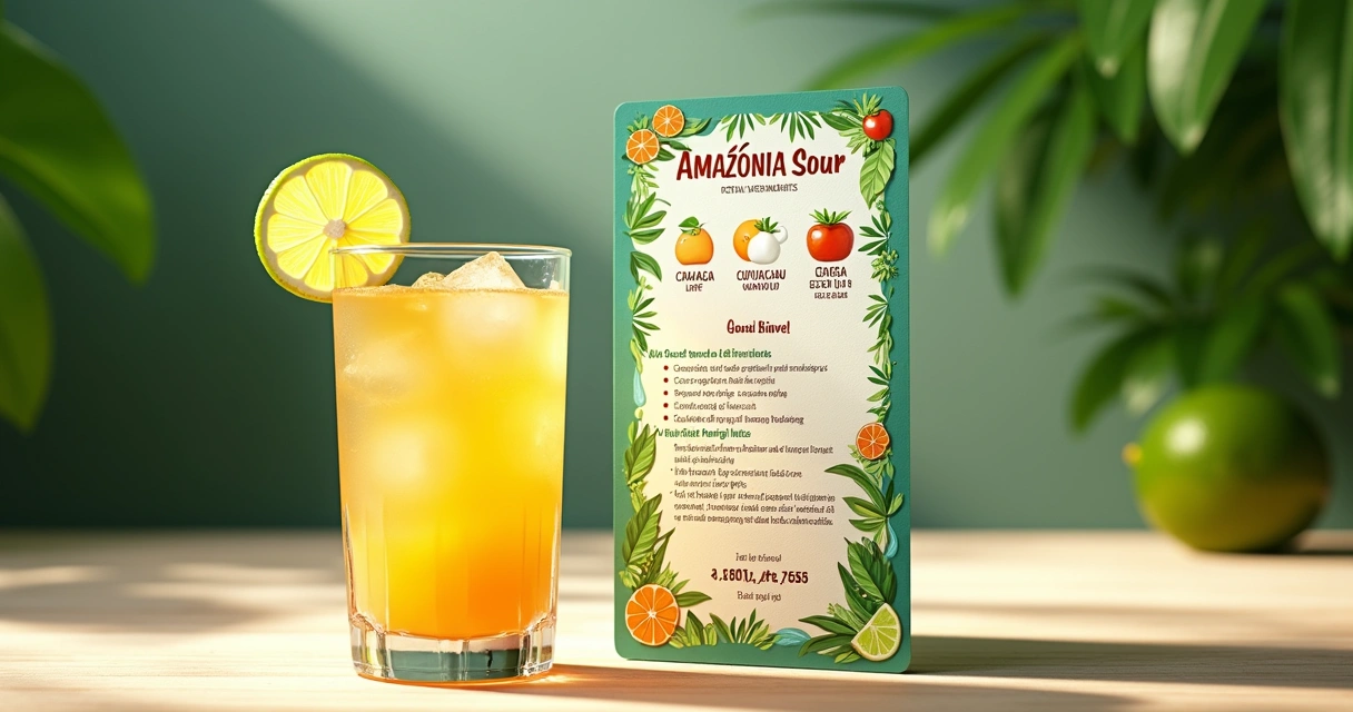 Ficha técnica ilustrada de drink autoral incluindo ingredientes e instruções visuais 
