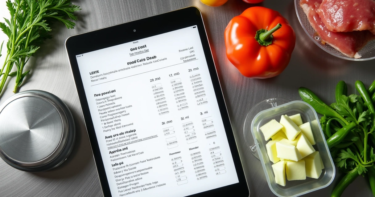 Ficha técnica ao lado de ingredientes porcionados 