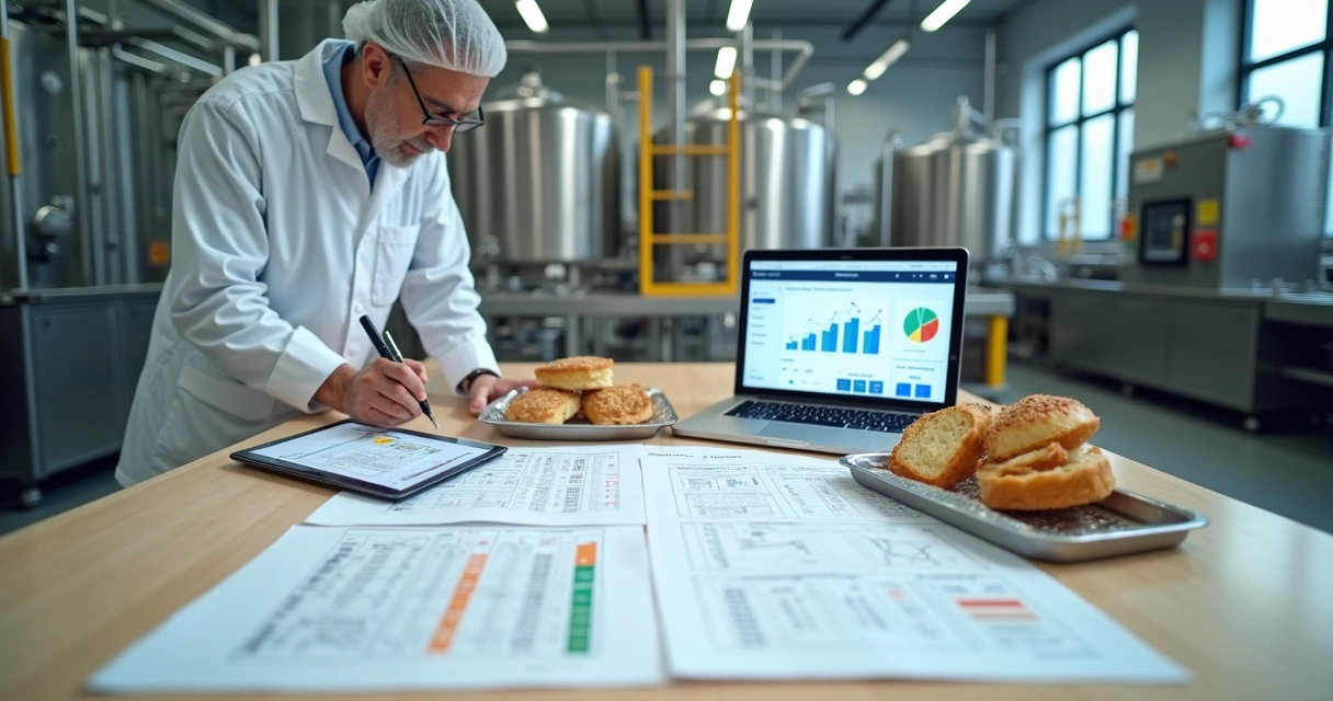Gestor analisa fichas técnicas impressas e digitais em mesa com produtos alimentícios e gráficos. 