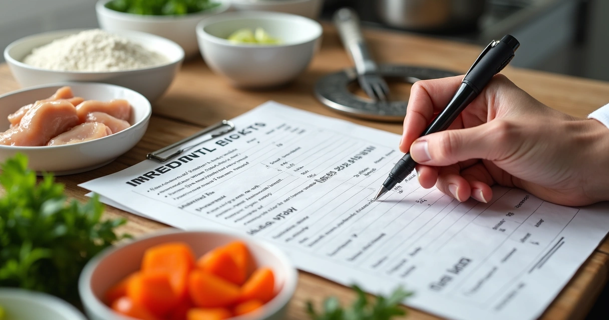 Ingredientes listados em uma ficha técnica de receita