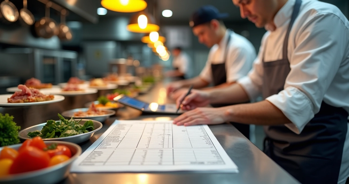 Chef analisando ficha técnica de receita ao lado de pratos preparados em cozinha profissional 