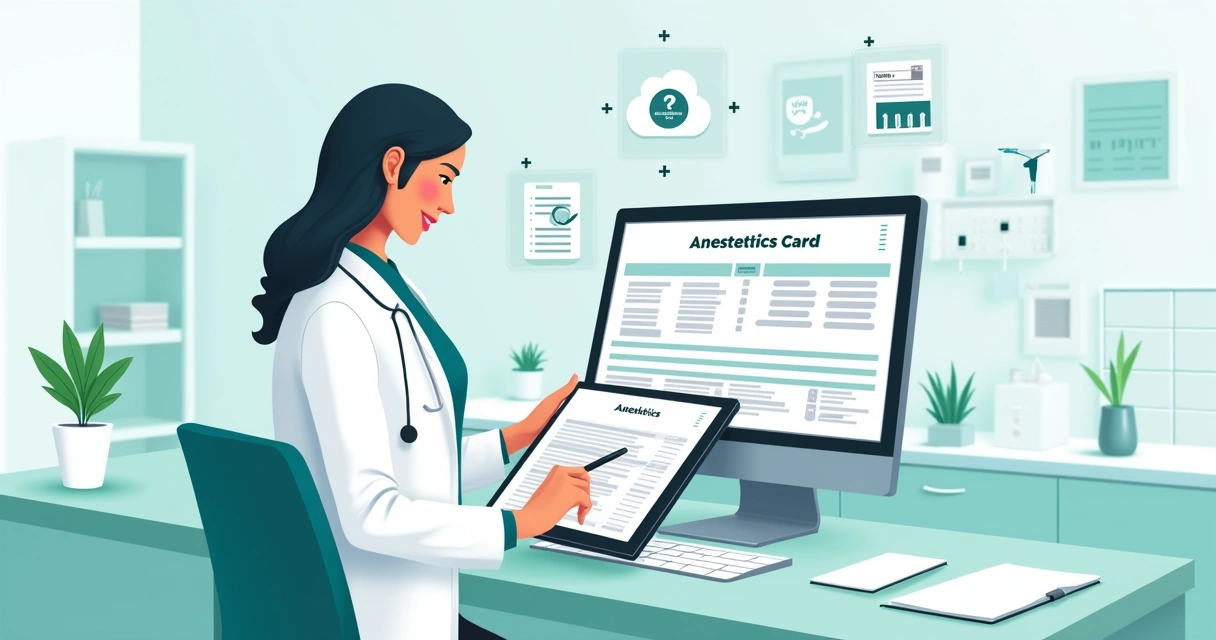 Ilustração corporativa flat de ficha anestésica digital sendo preenchida em tablet por veterinário 