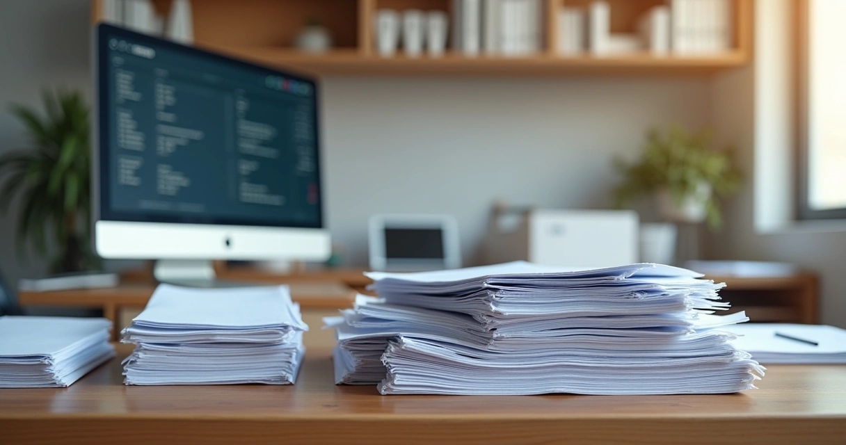 Documentos organizados em pilhas em cima de uma mesa de consultório. 